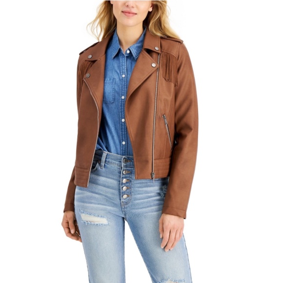 CoffeeShop Junior's Brown Faux Leather Fringe Moto Jacket Size L - Picture 4 of 9